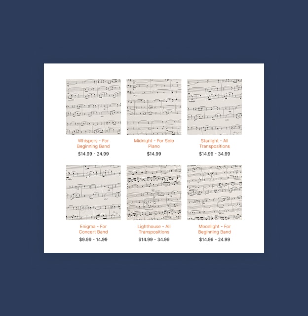 Sheet music store grid on a Bandzoogle website